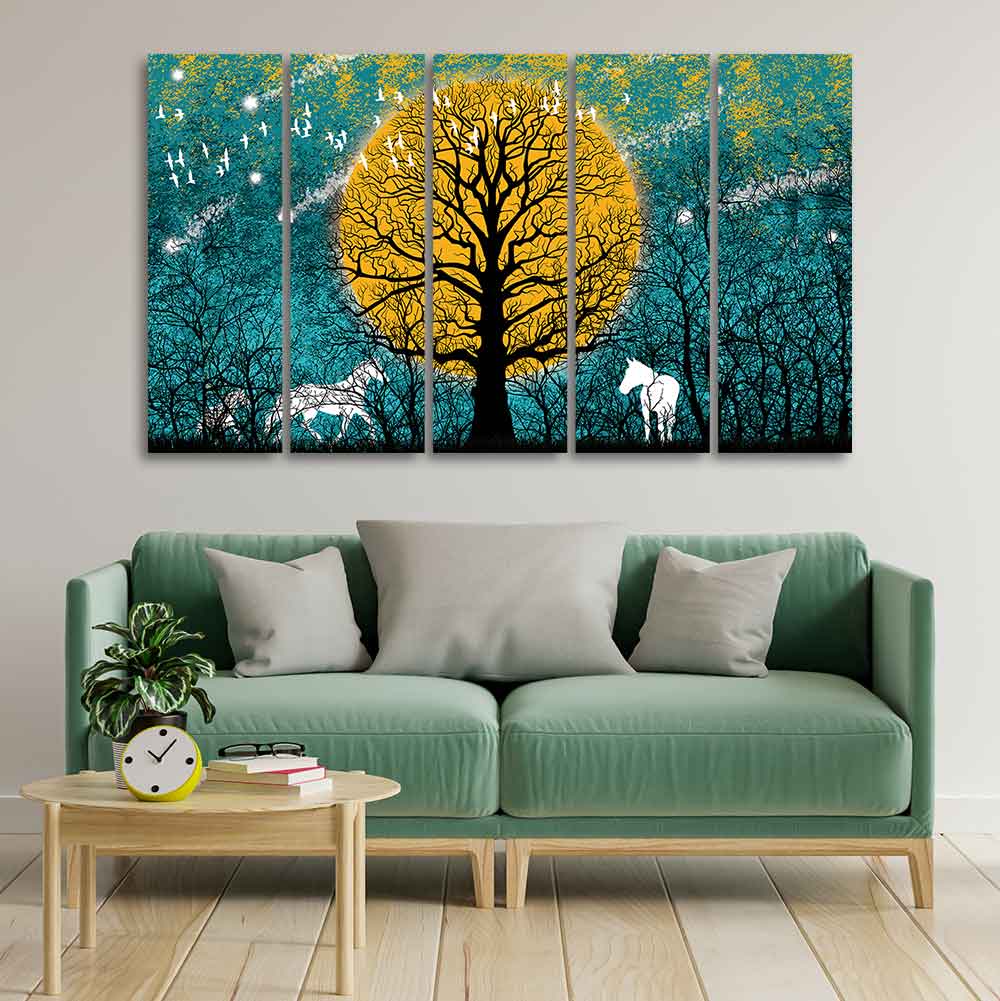 Beautiful White Horses in Forest Premium Wall Painting of Five Pieces DECORMANTRA