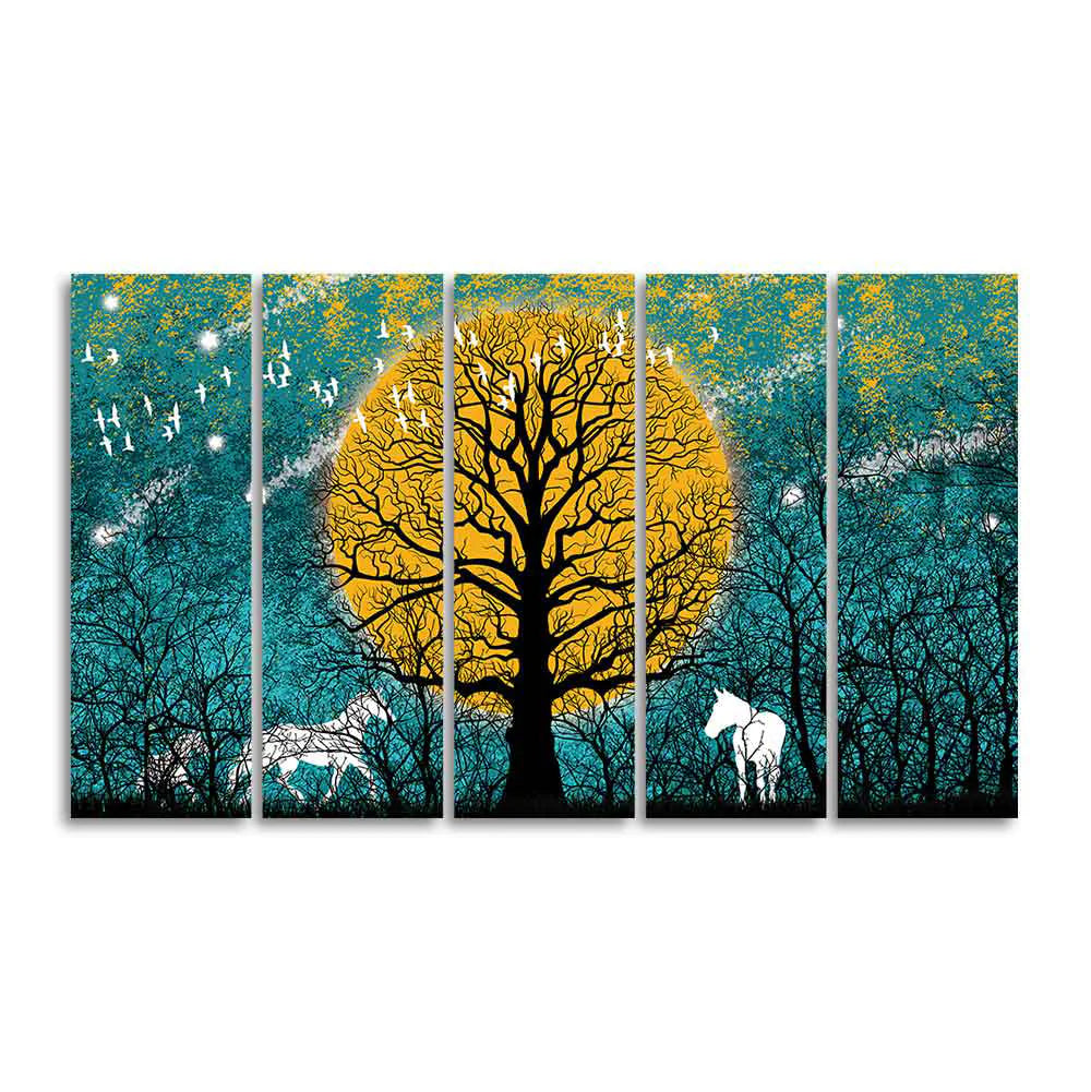Beautiful White Horses in Forest Premium Wall Painting of Five Pieces DECORMANTRA