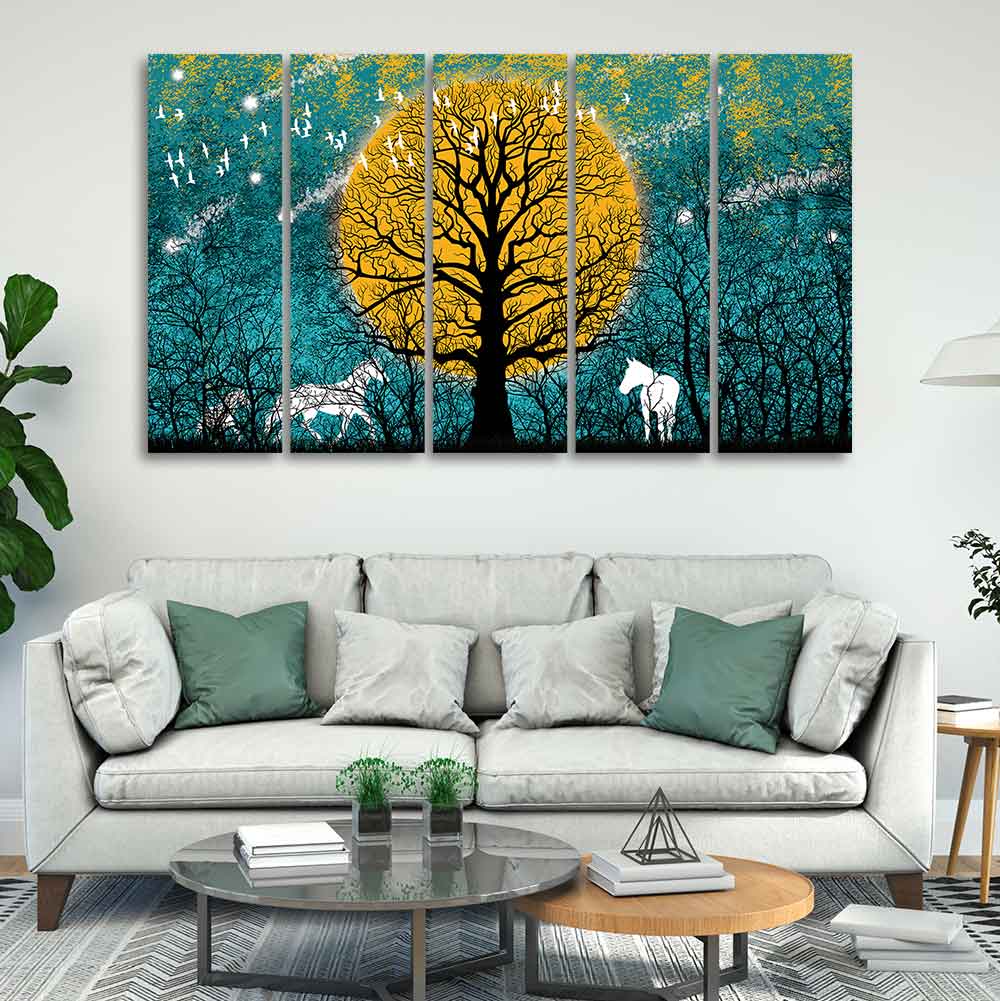 Beautiful White Horses in Forest Premium Wall Painting of Five Pieces DECORMANTRA