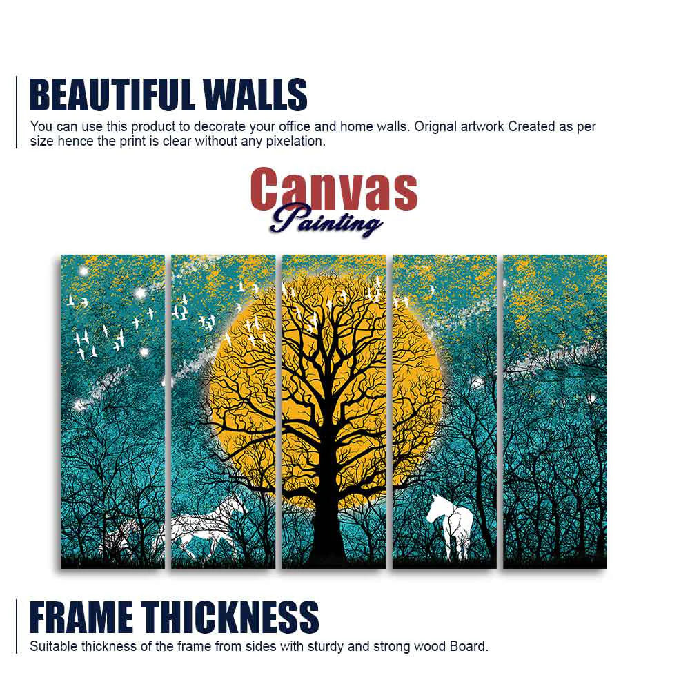 Beautiful White Horses in Forest Premium Wall Painting of Five Pieces DECORMANTRA
