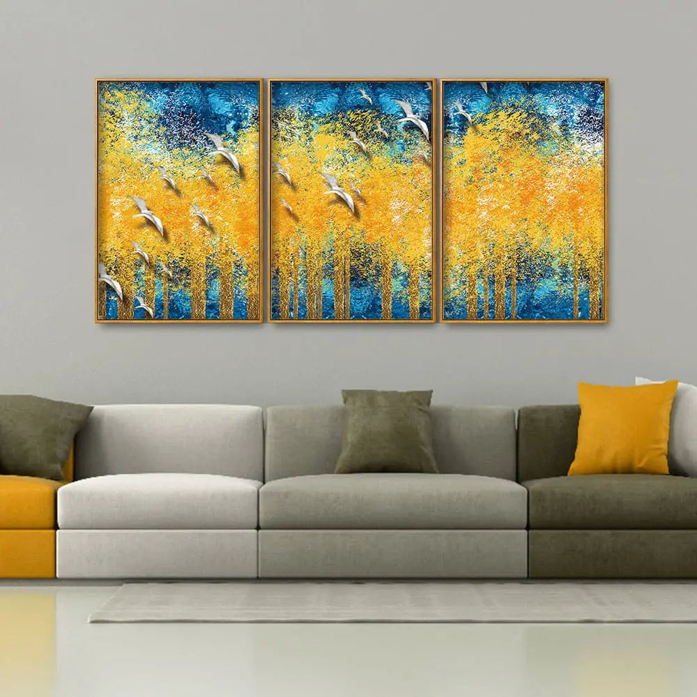 Birds Flying Over Golden Trees Forest Floating Canvas Wall Painting Set of Three Decor Mantra