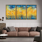 Birds Flying Over Golden Trees Forest Floating Canvas Wall Painting Set of Three Decor Mantra