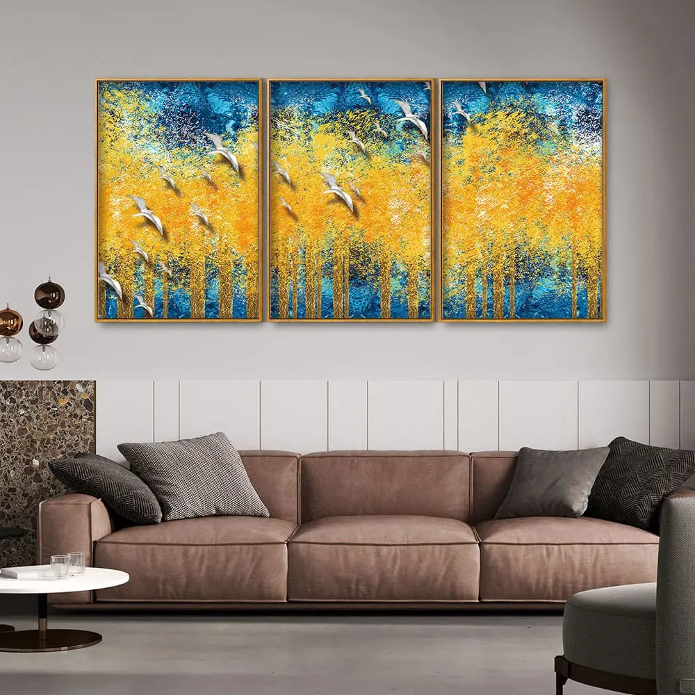 Birds Flying Over Golden Trees Forest Floating Canvas Wall Painting Set of Three DECORMANTRA