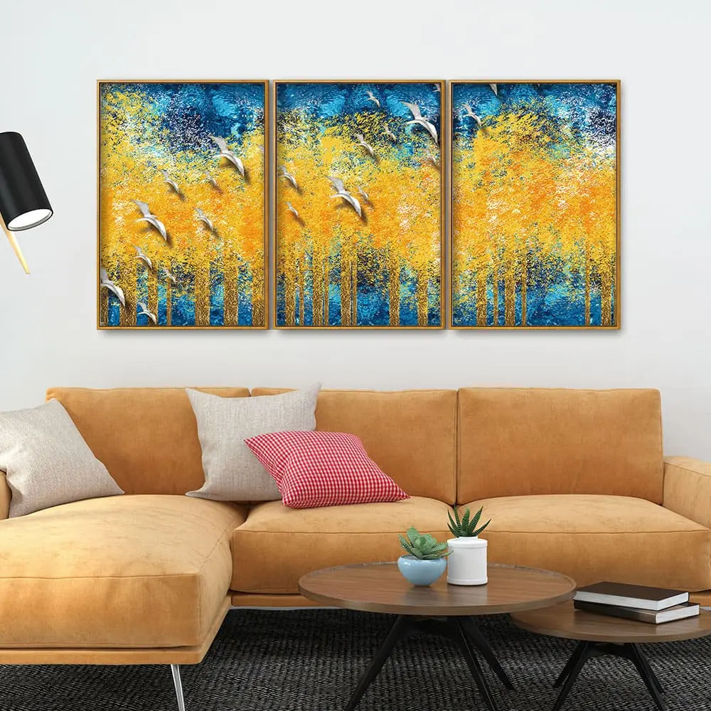Birds Flying Over Golden Trees Forest Floating Canvas Wall Painting Set of Three Decor Mantra