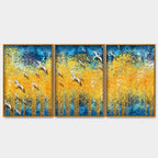Birds Flying Over Golden Trees Forest Floating Canvas Wall Painting Set of Three Decor Mantra