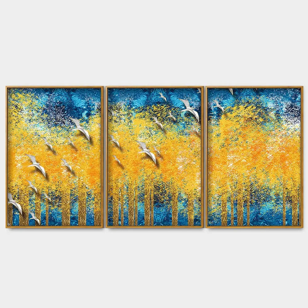 Birds Flying Over Golden Trees Forest Floating Canvas Wall Painting Set of Three DECORMANTRA