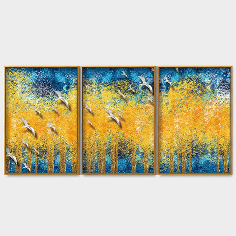 Birds Flying Over Golden Trees Forest Floating Canvas Wall Painting Set of Three