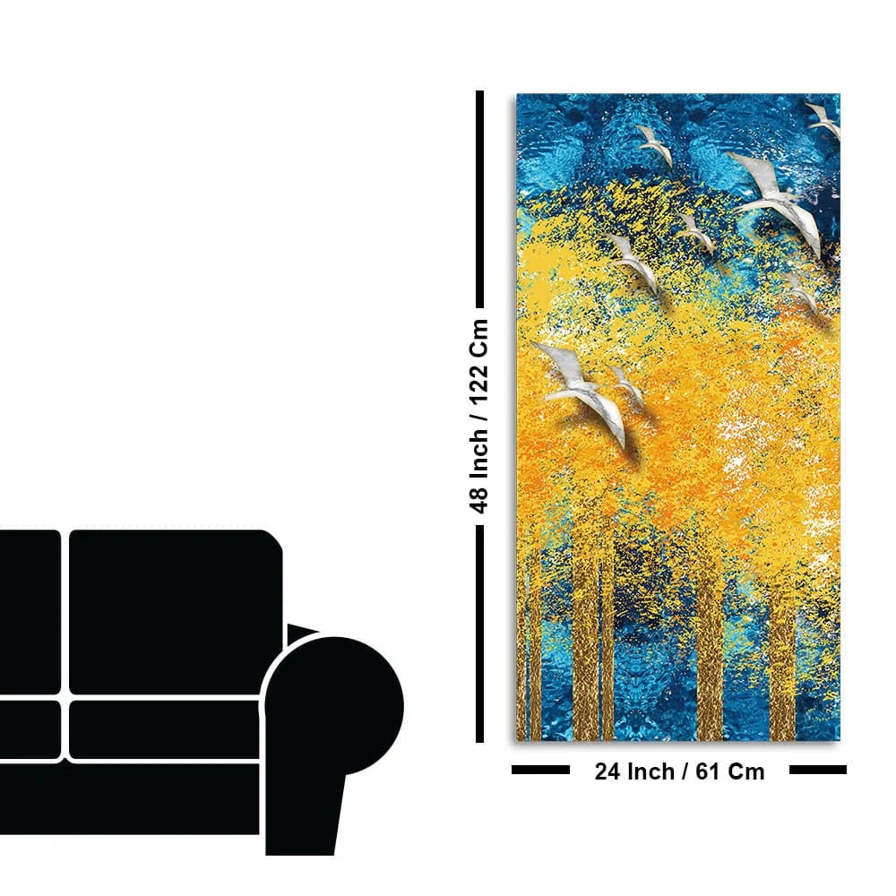 Birds Flying Over Golden Trees Forest Premium Canvas Wall Painting Decor Mantra