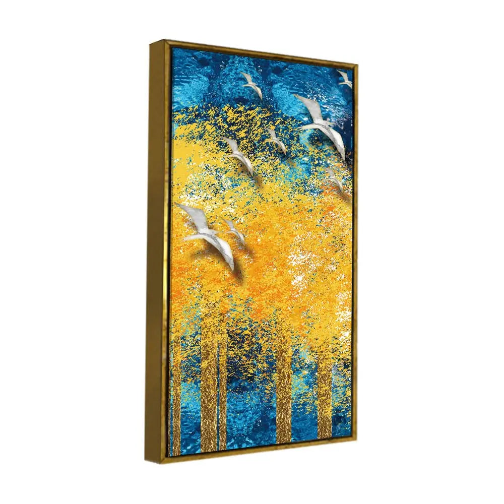 Birds Flying Over Golden Trees Forest Premium Canvas Wall Painting Decor Mantra