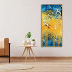 Birds Flying Over Golden Trees Forest Premium Canvas Wall Painting Decor Mantra