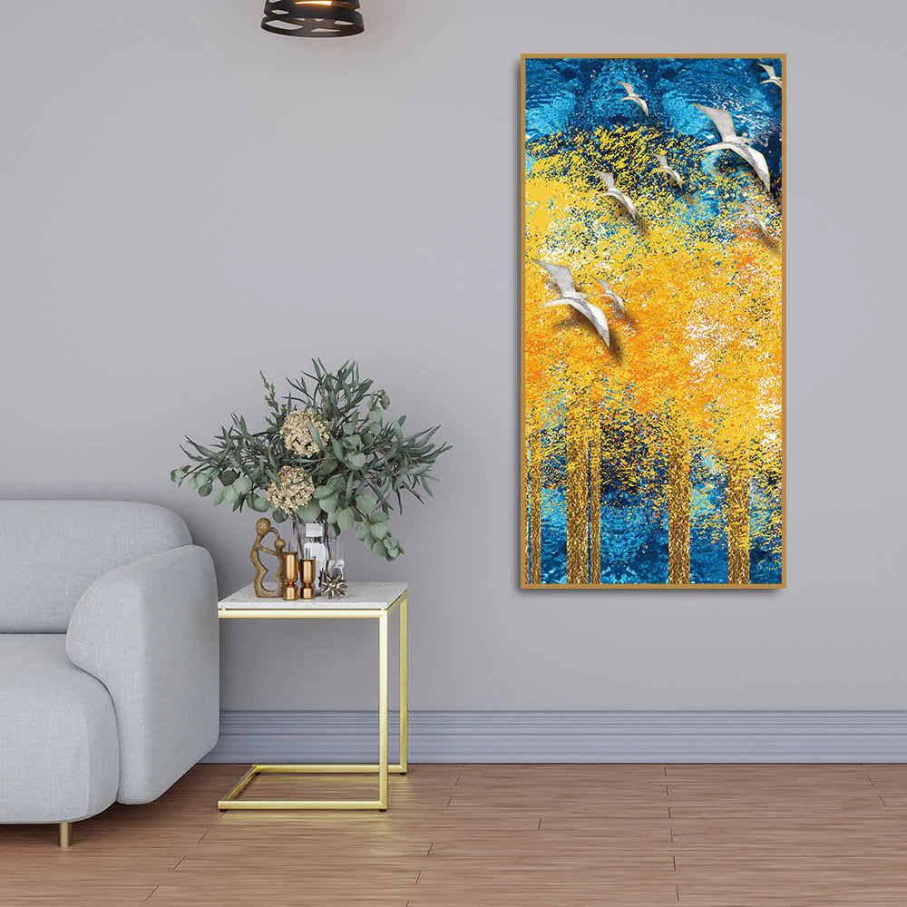Birds Flying Over Golden Trees Forest Premium Canvas Wall Painting DECORMANTRA