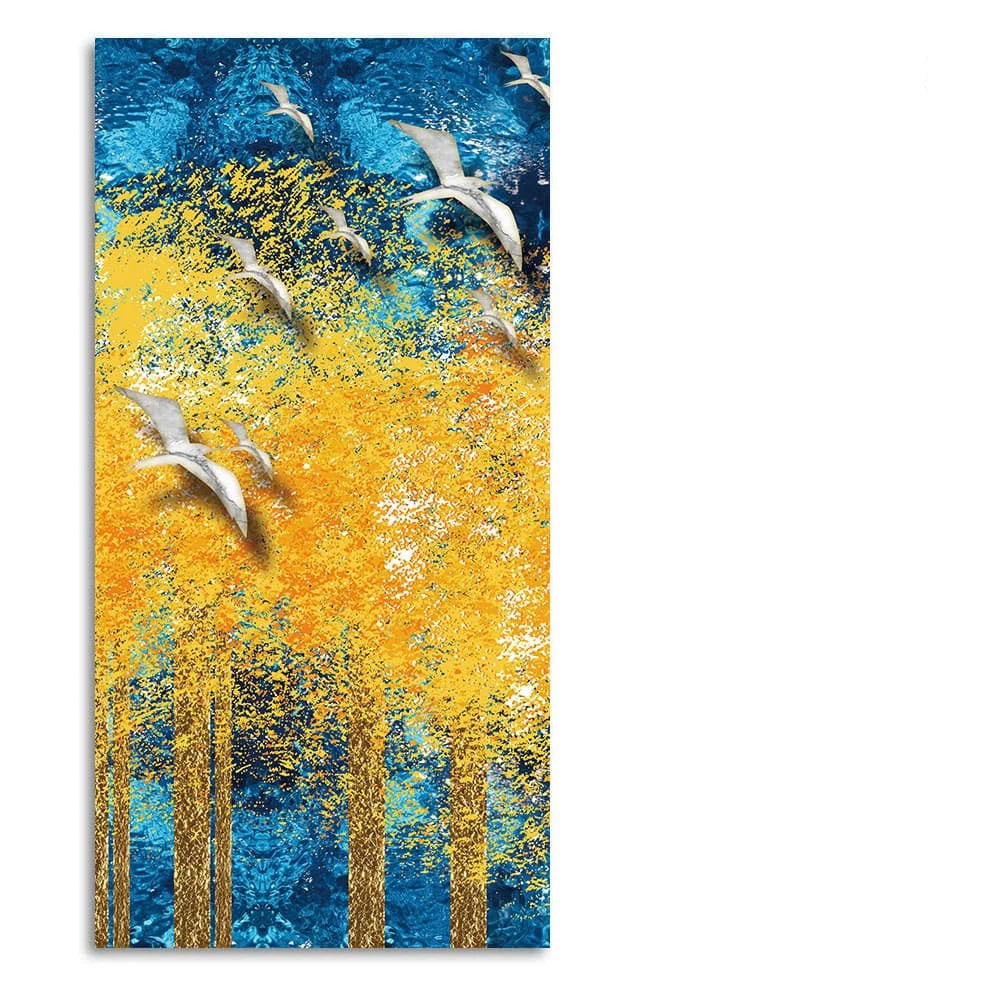 Birds Flying Over Golden Trees Forest Premium Canvas Wall Painting DECORMANTRA