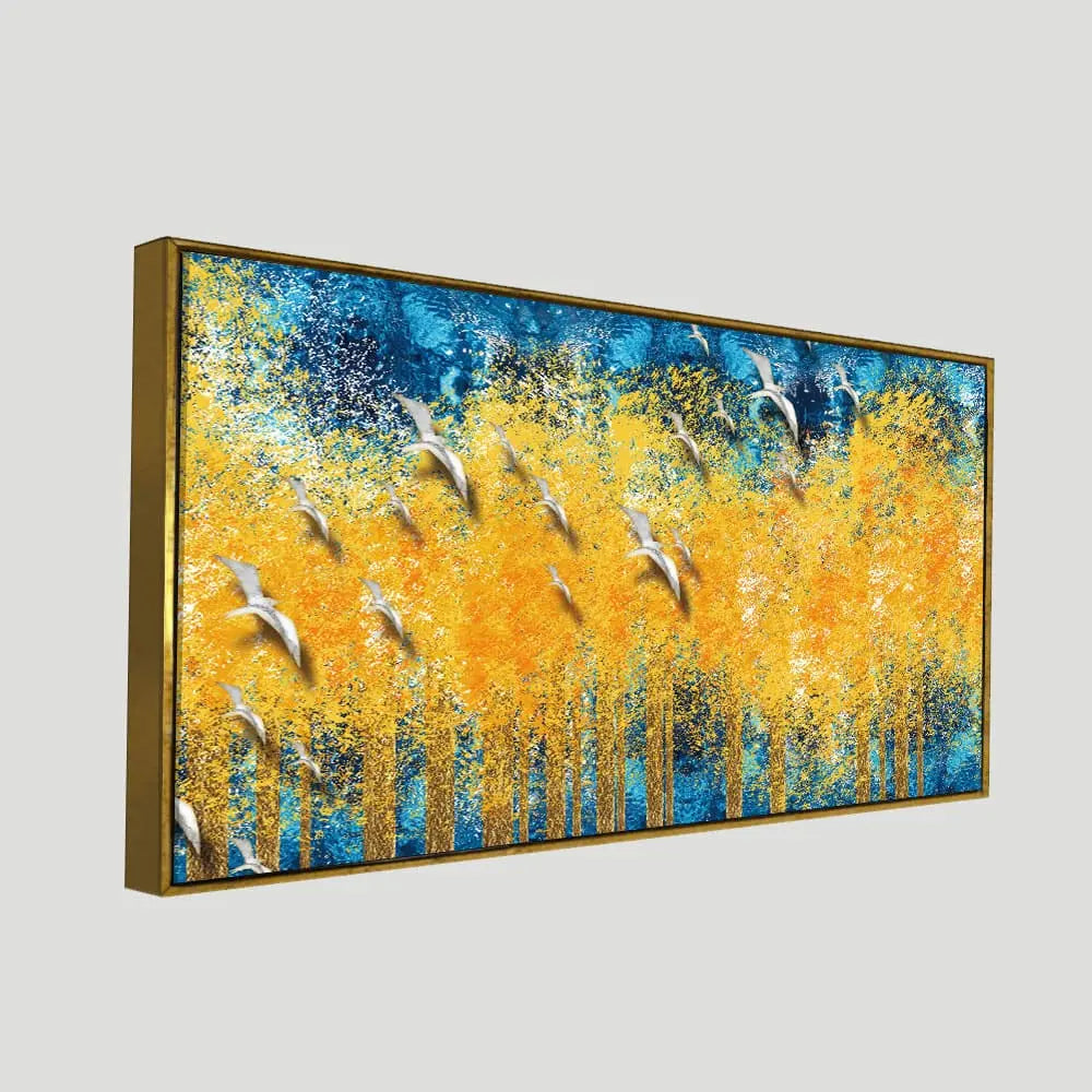 Birds Flying Over Golden Trees Forest Wall Painting Decor Mantra