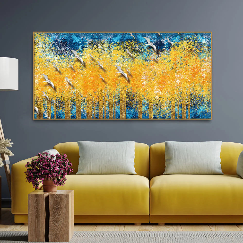 Birds Flying Over Golden Trees Forest Wall Painting Decor Mantra