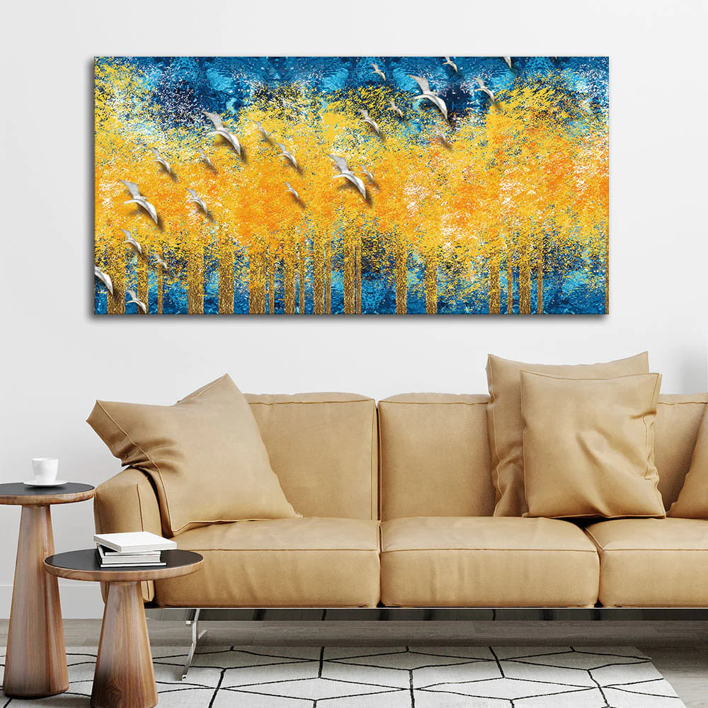 Birds Flying Over Golden Trees Forest Wall Painting Decor Mantra