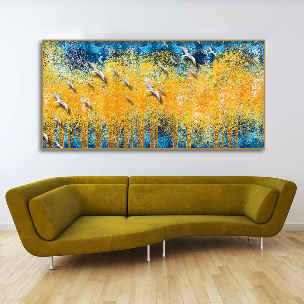 Birds Flying Over Golden Trees Forest Wall Painting Decor Mantra
