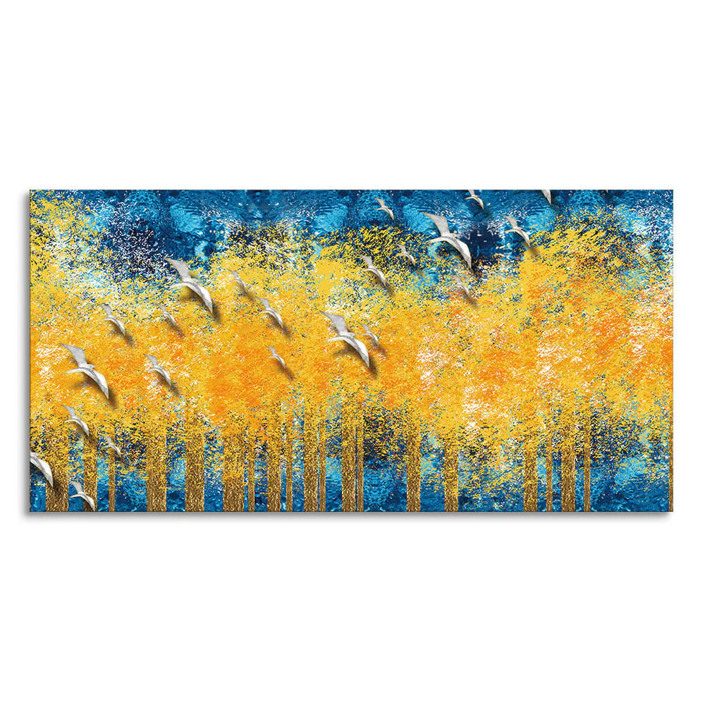 Birds Flying Over Golden Trees Forest Wall Painting Decor Mantra