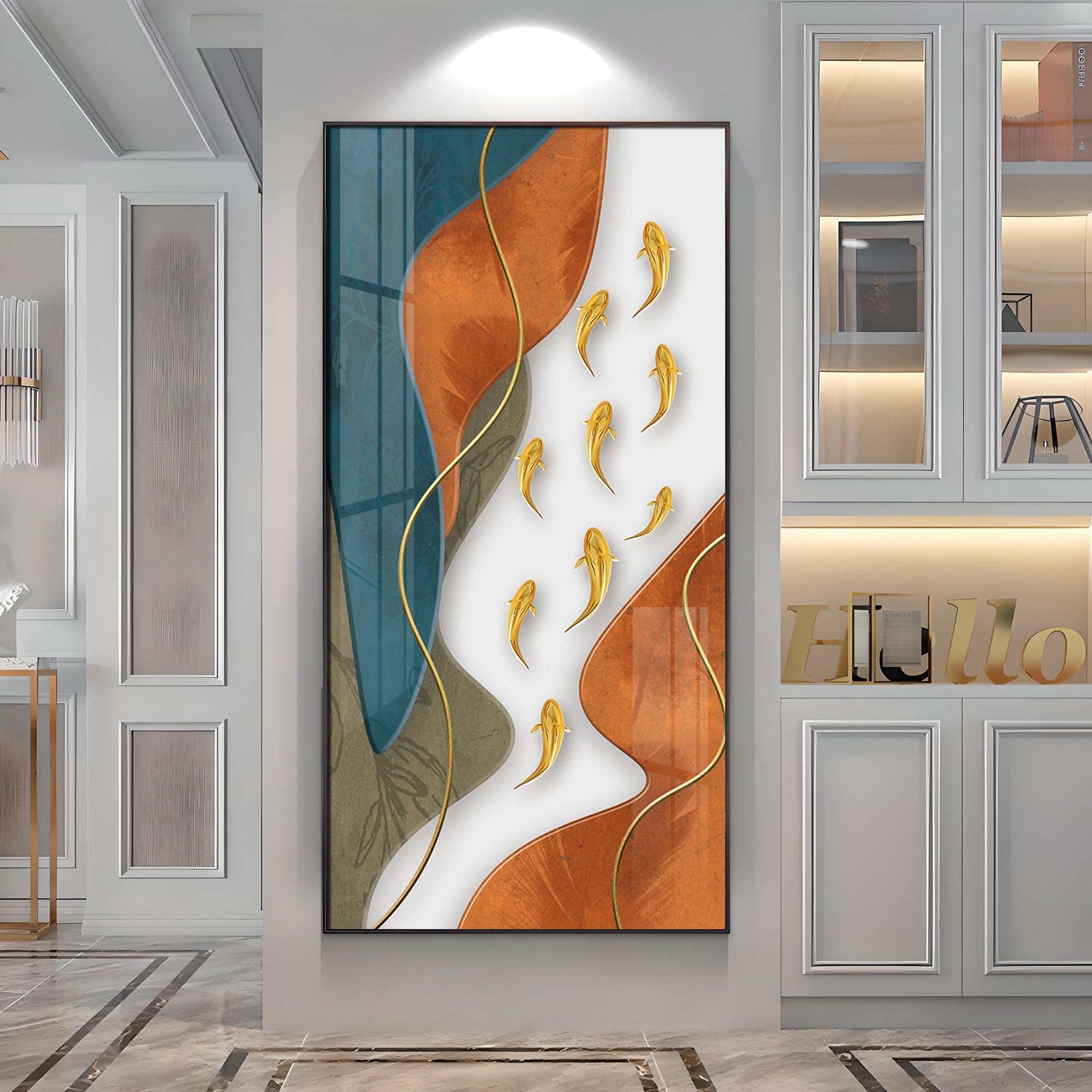 Gold Fish With Abstract Design Premium Acrylic Vertical Wall Art