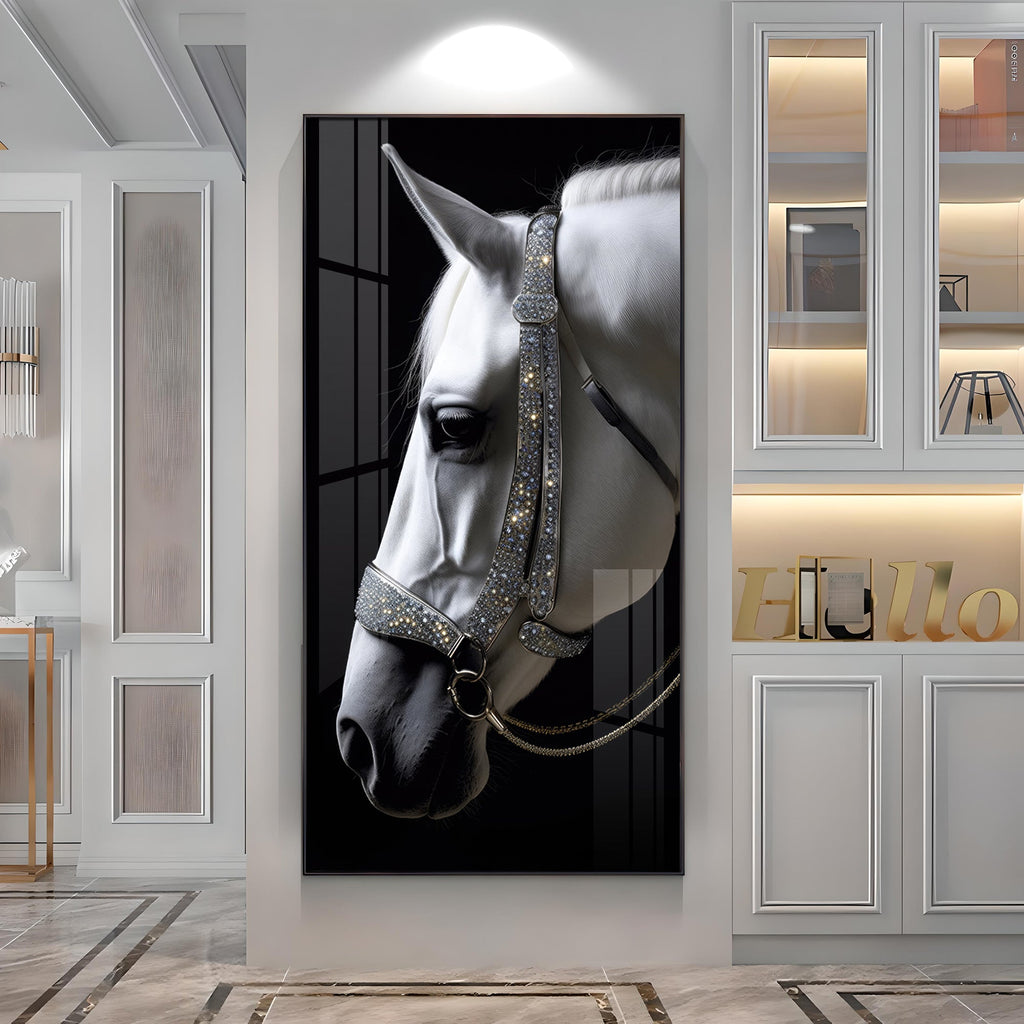 White Horse With Black Background Premium Acrylic Vertical Wall Art