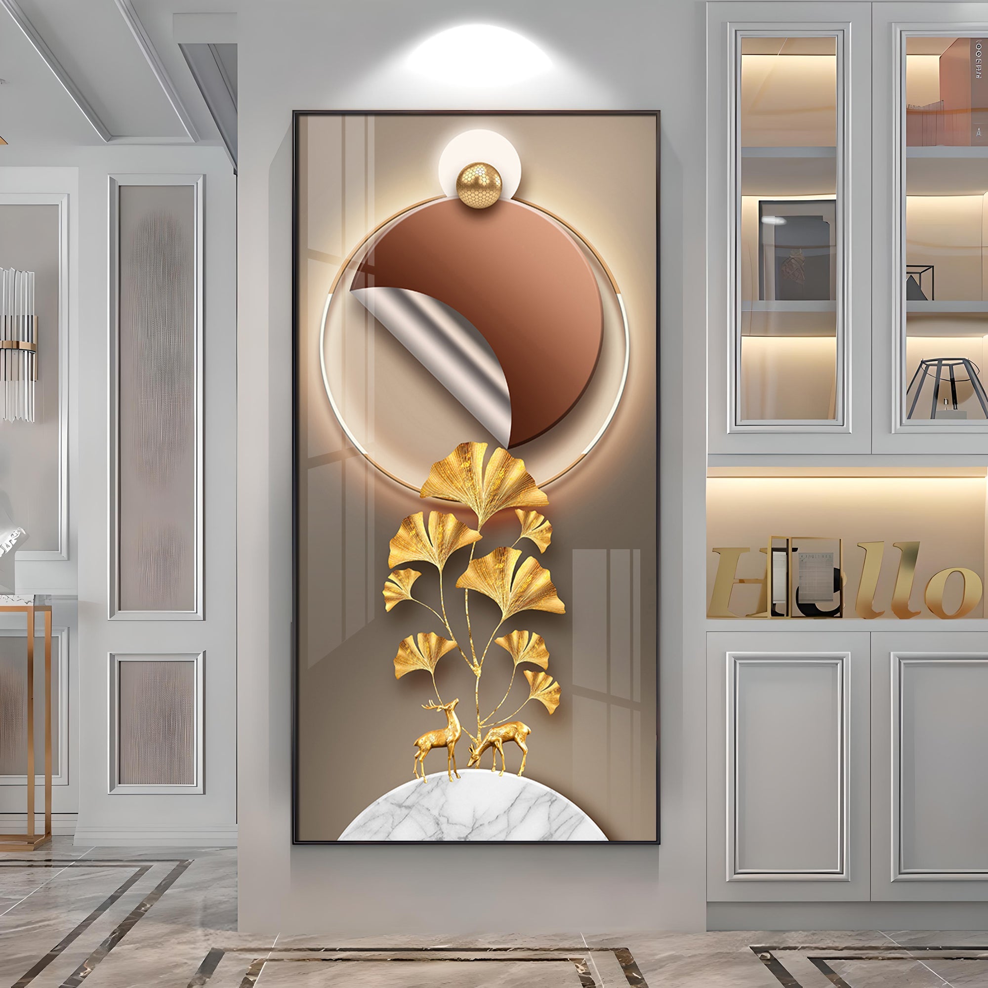 Golden Deer & Ginkgo Leaves Premium Acrylic Vertical Wall Art