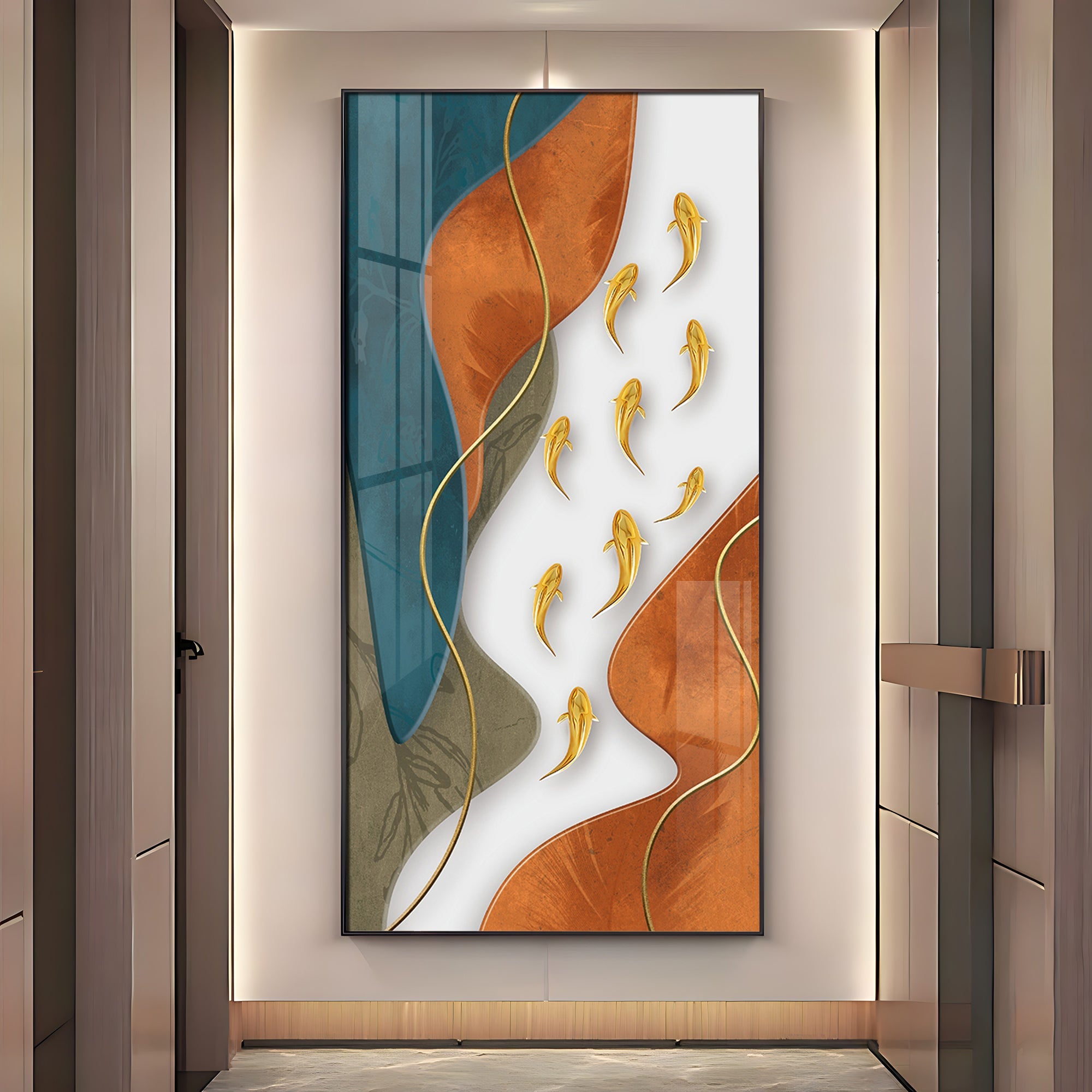 Gold Fish With Abstract Design Premium Acrylic Vertical Wall Art