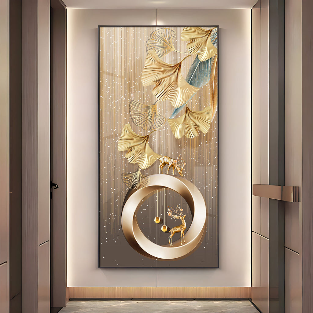 Golden Deer With Leaf Premium Acrylic Vertical Wall Art