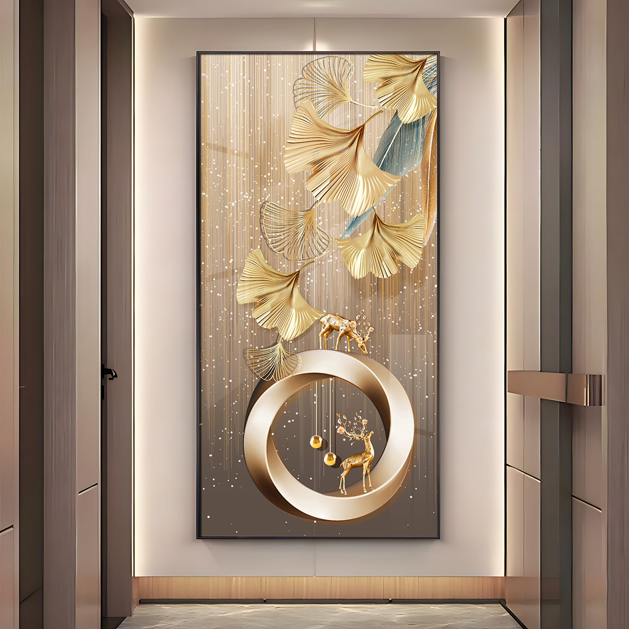Golden Deer With Leaf Premium Acrylic Vertical Wall Art