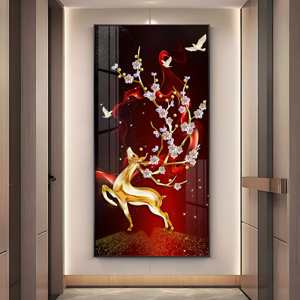 Golden Deer With Red Background Premium Acrylic Vertical Wall Art