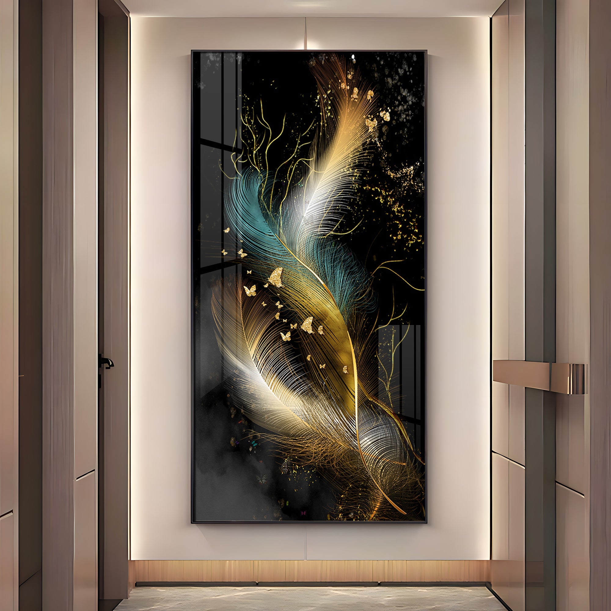 Abstract Golden & White Feathers Premium Acrylic Vertical Wall Art