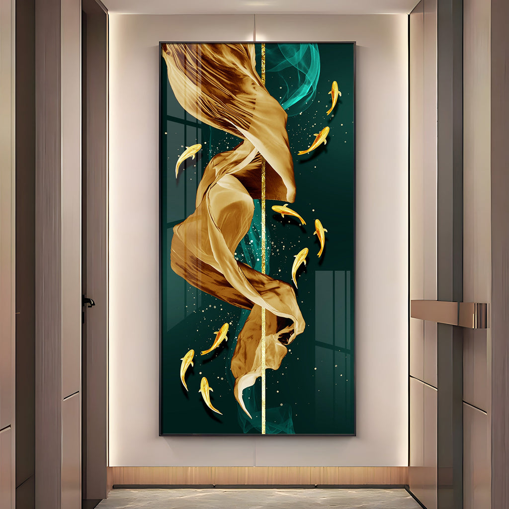 Fish & Flowing Gold Layer Premium Acrylic Vertical Wall Art