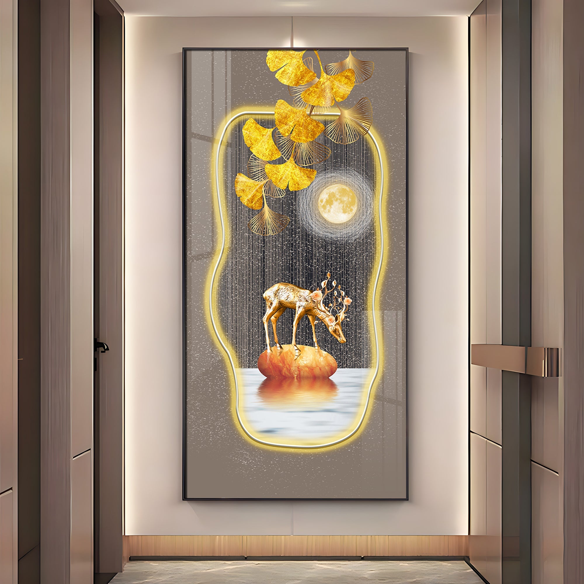Golden Deer & Gingko Premium Acrylic Vertical Wall Art