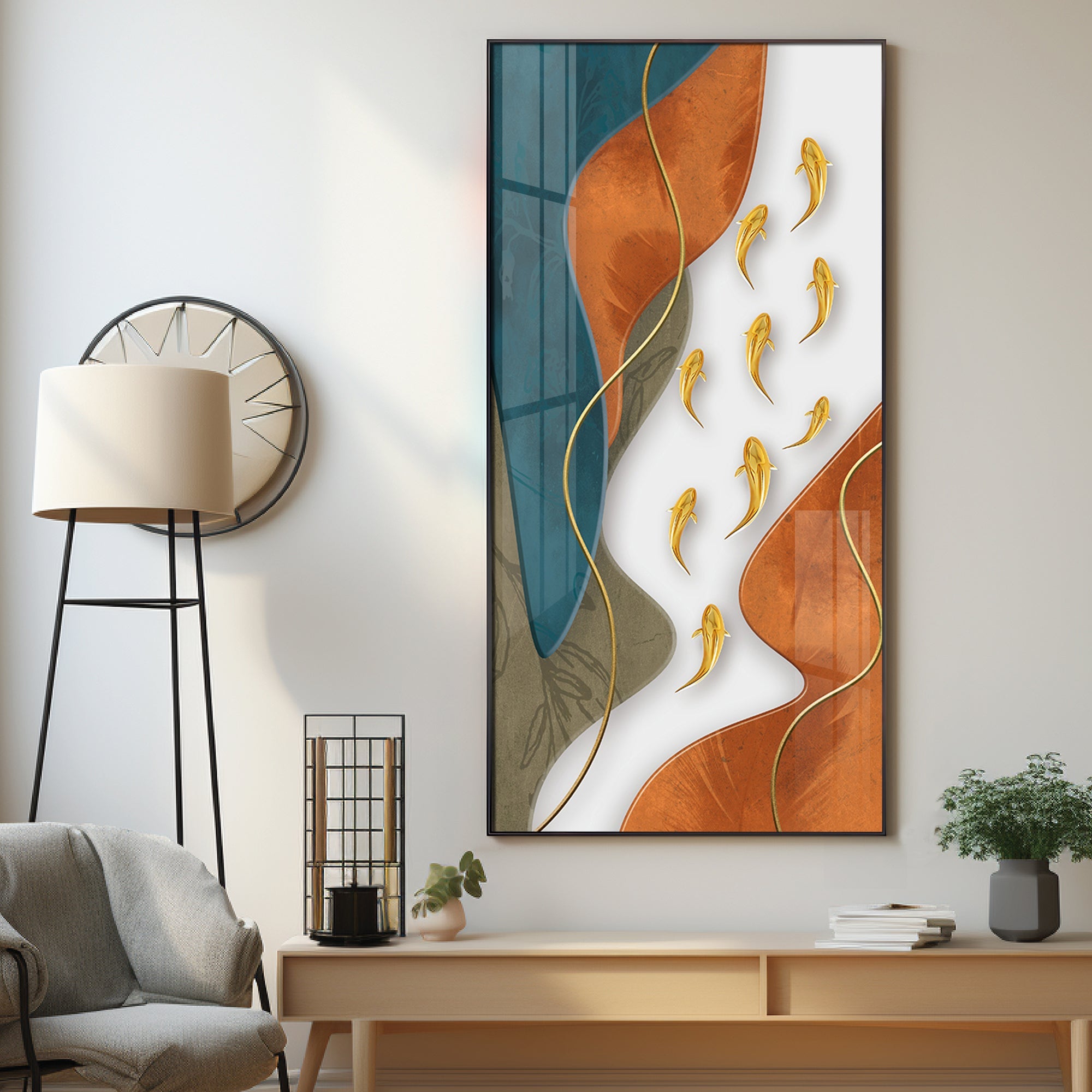 Gold Fish With Abstract Design Premium Acrylic Vertical Wall Art