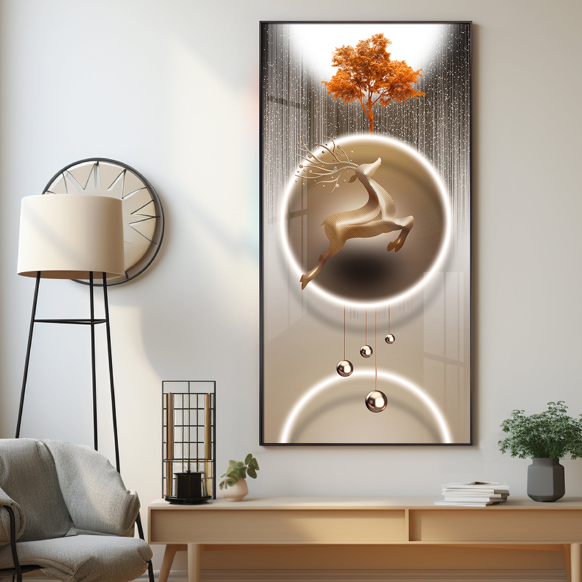 Golden Deer With Orange Tree Premium Acrylic Vertical Wall Art