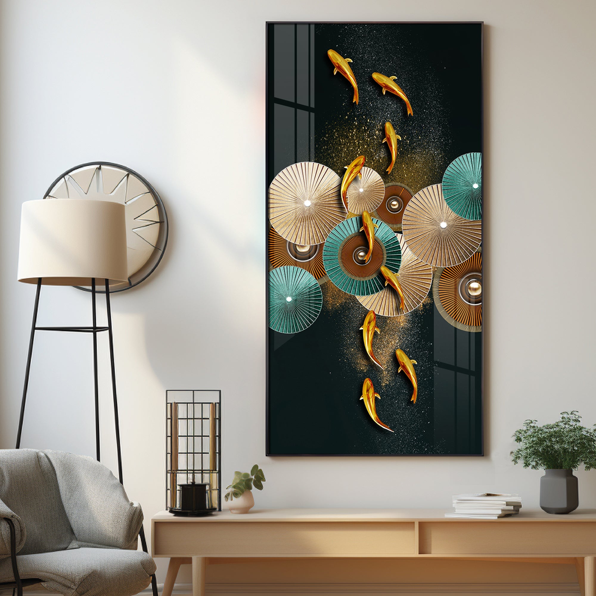 Koi Fish & Fan Designs Premium Acrylic Vertical Wall Art