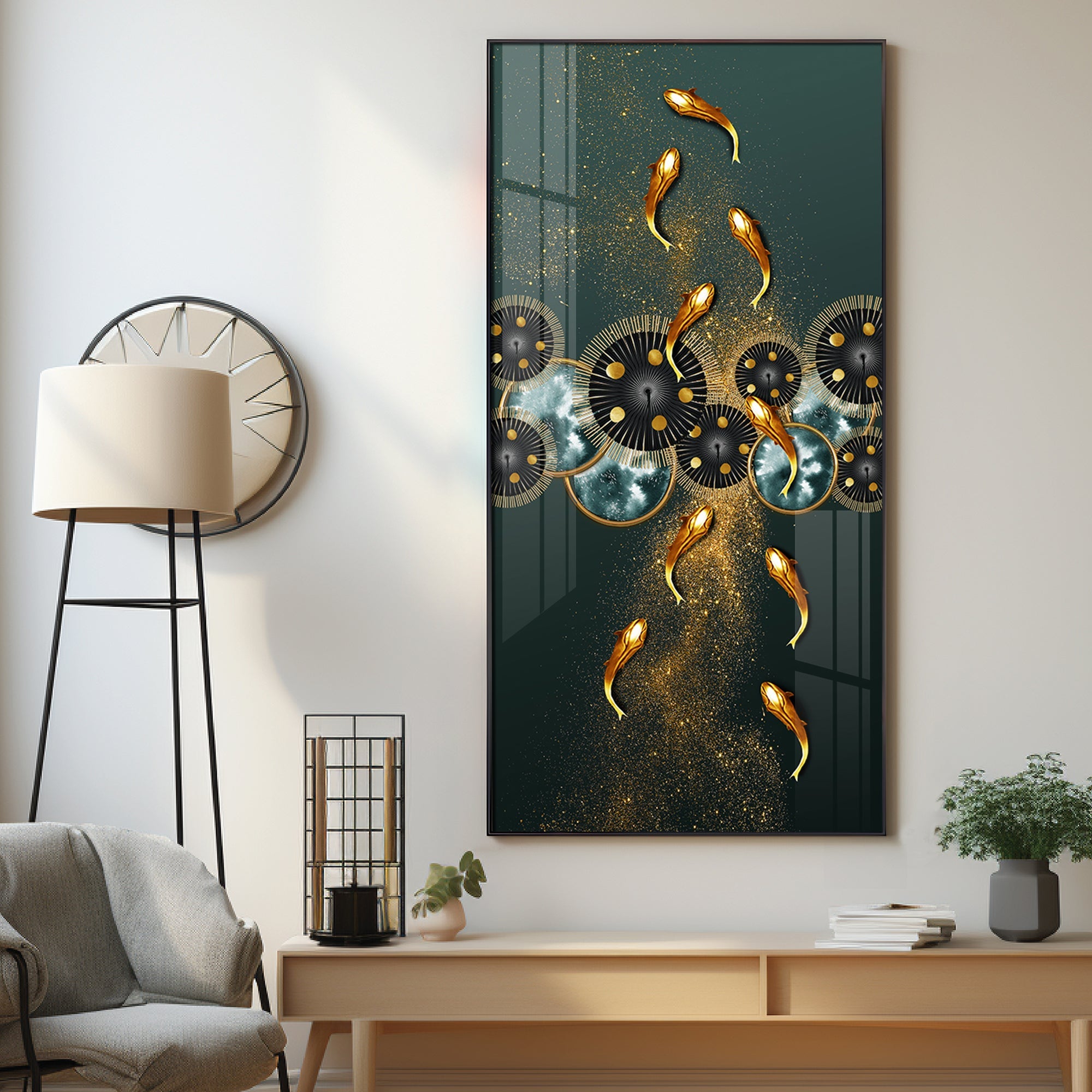 Golden Koi Fish Feng Shui Carp Premium Acrylic Vertical Wall Art