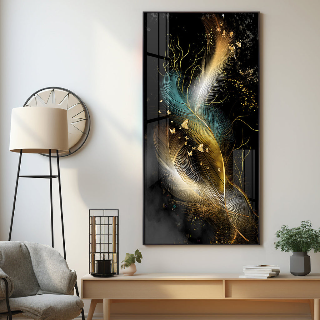 Abstract Golden & White Feathers Premium Acrylic Vertical Wall Art