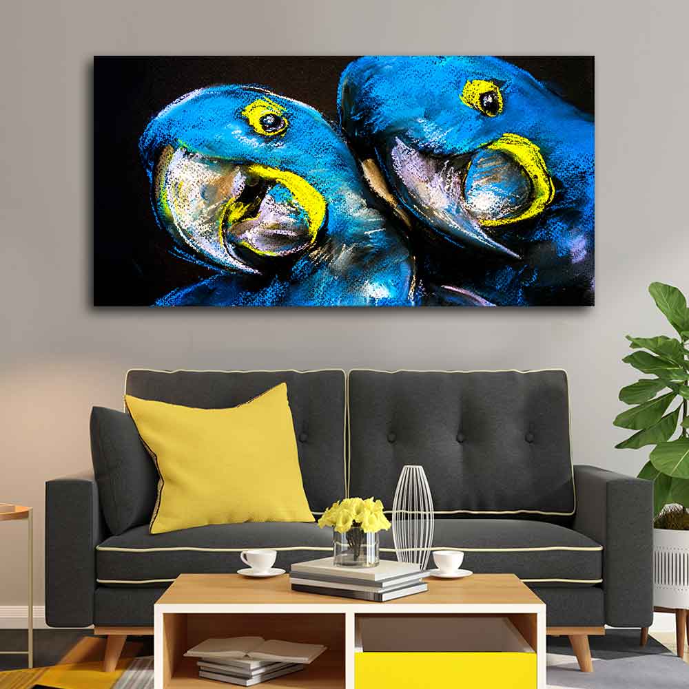 Blue Parrots Pastel Art Wall Painting Decor Mantra