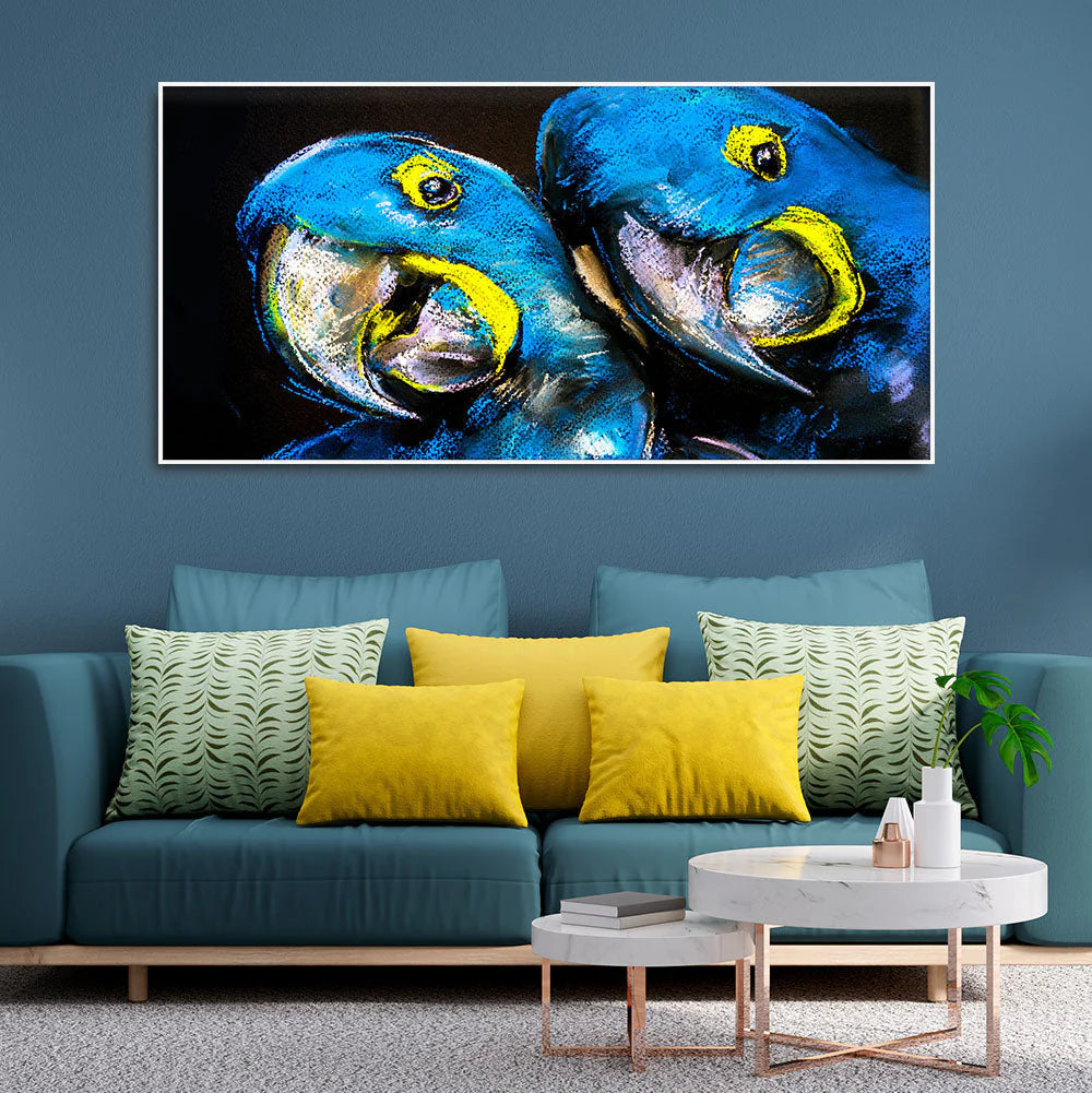 Blue Parrots Pastel Art Wall Painting Decor Mantra