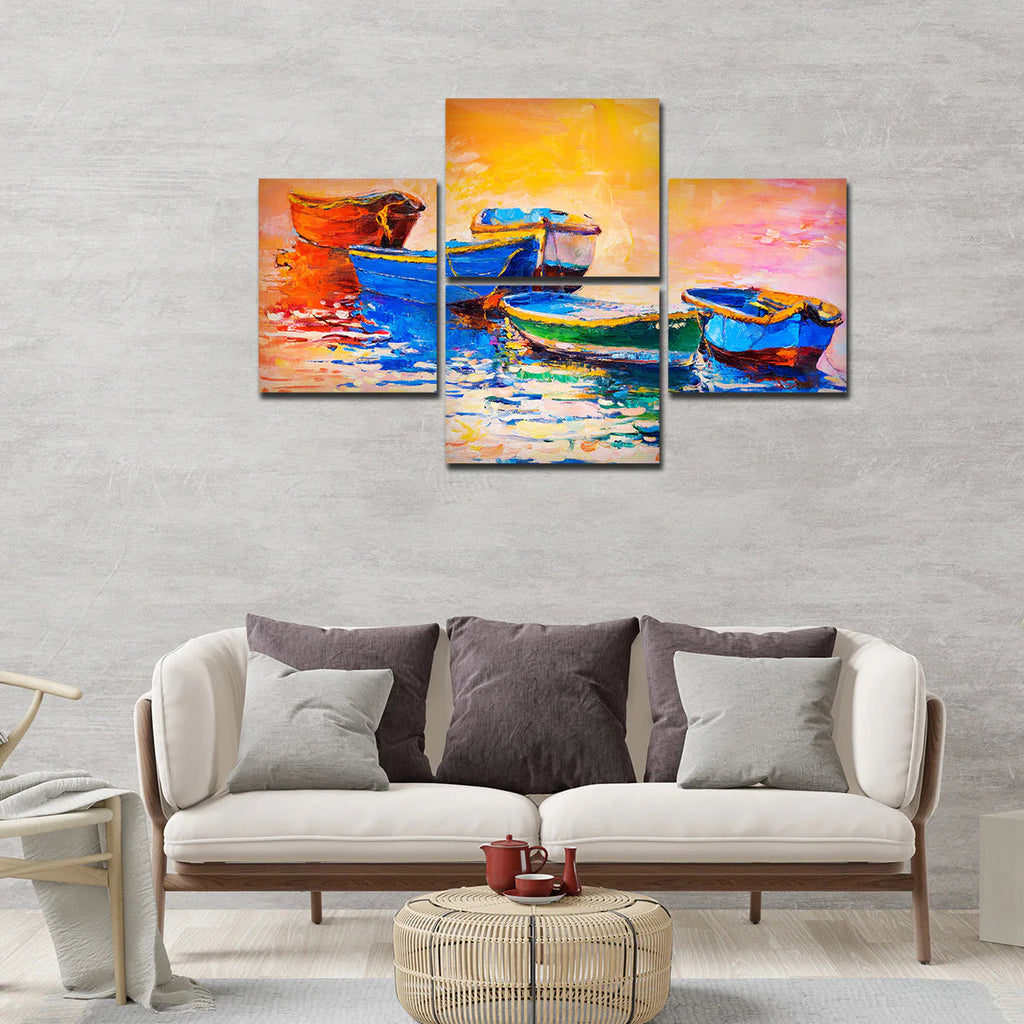 Boats and Sunset 4 Pieces Canvas wall Painting DECORMANTRA