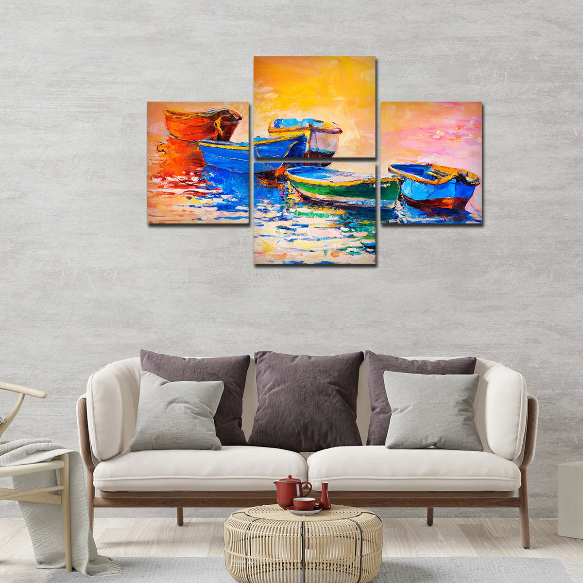 Boats and Sunset 4 Pieces Canvas wall Painting DECORMANTRA