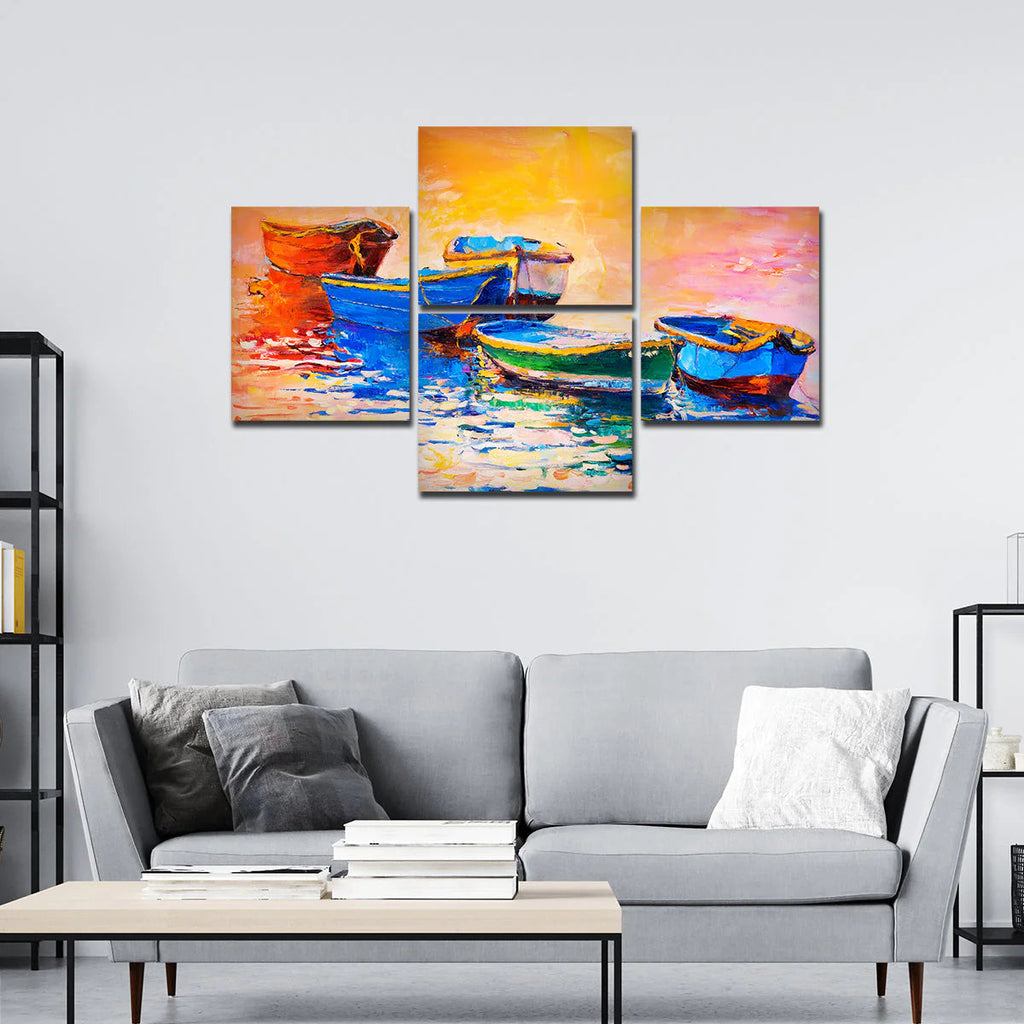 Boats and Sunset 4 Pieces Canvas wall Painting DECORMANTRA