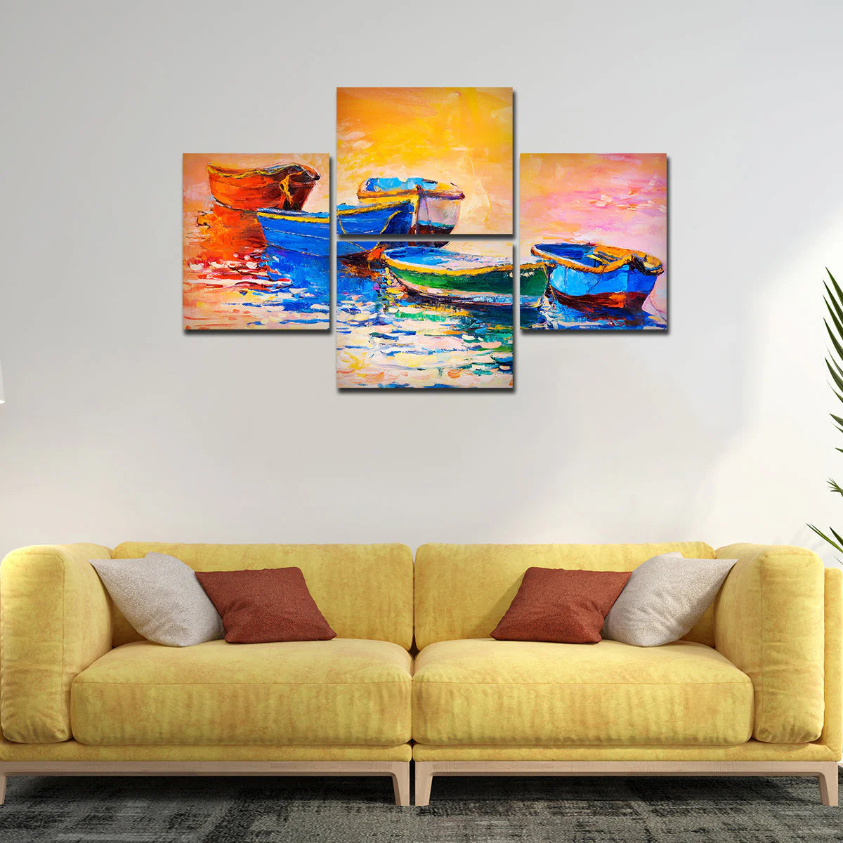 Boats and Sunset 4 Pieces Canvas wall Painting DECORMANTRA