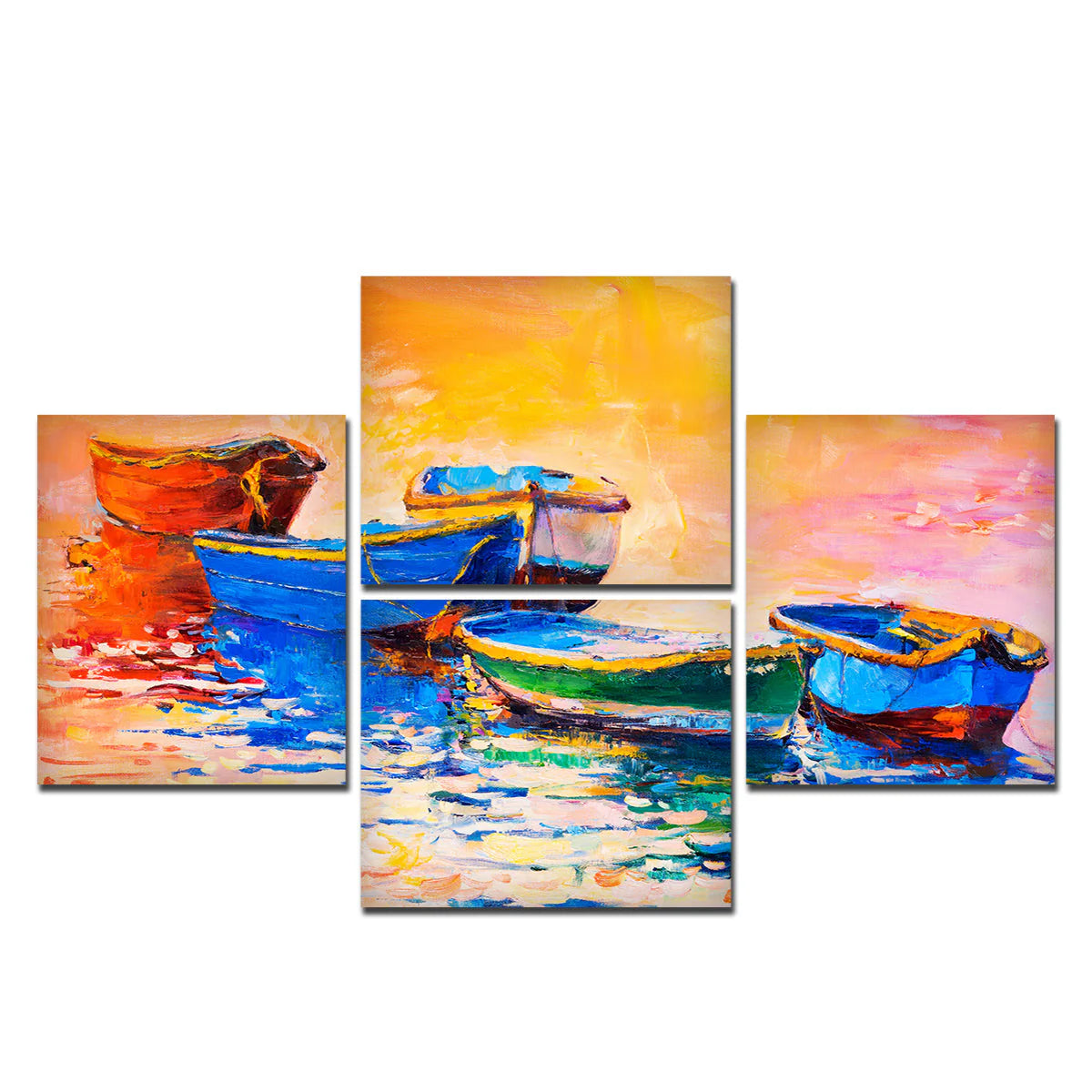 Boats and Sunset 4 Pieces Canvas wall Painting DECORMANTRA