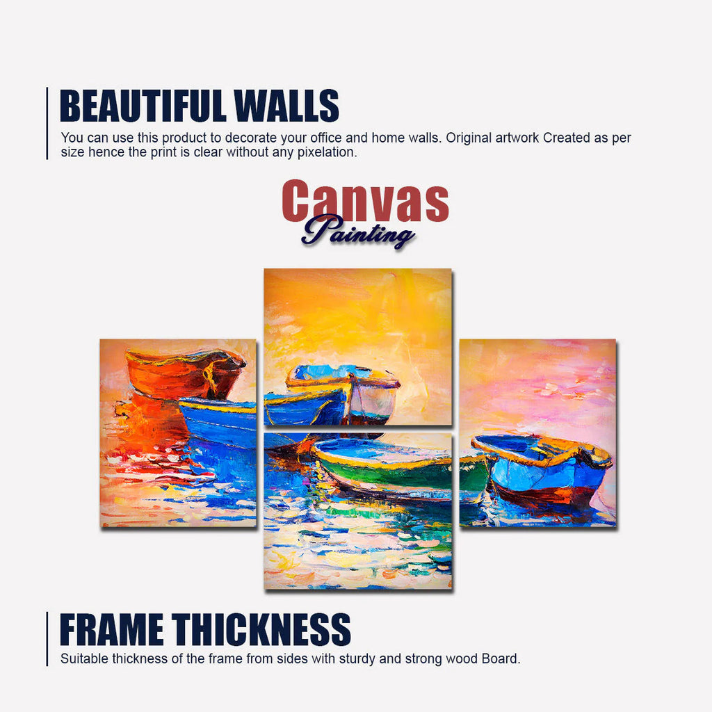 Boats and Sunset 4 Pieces Canvas wall Painting DECORMANTRA