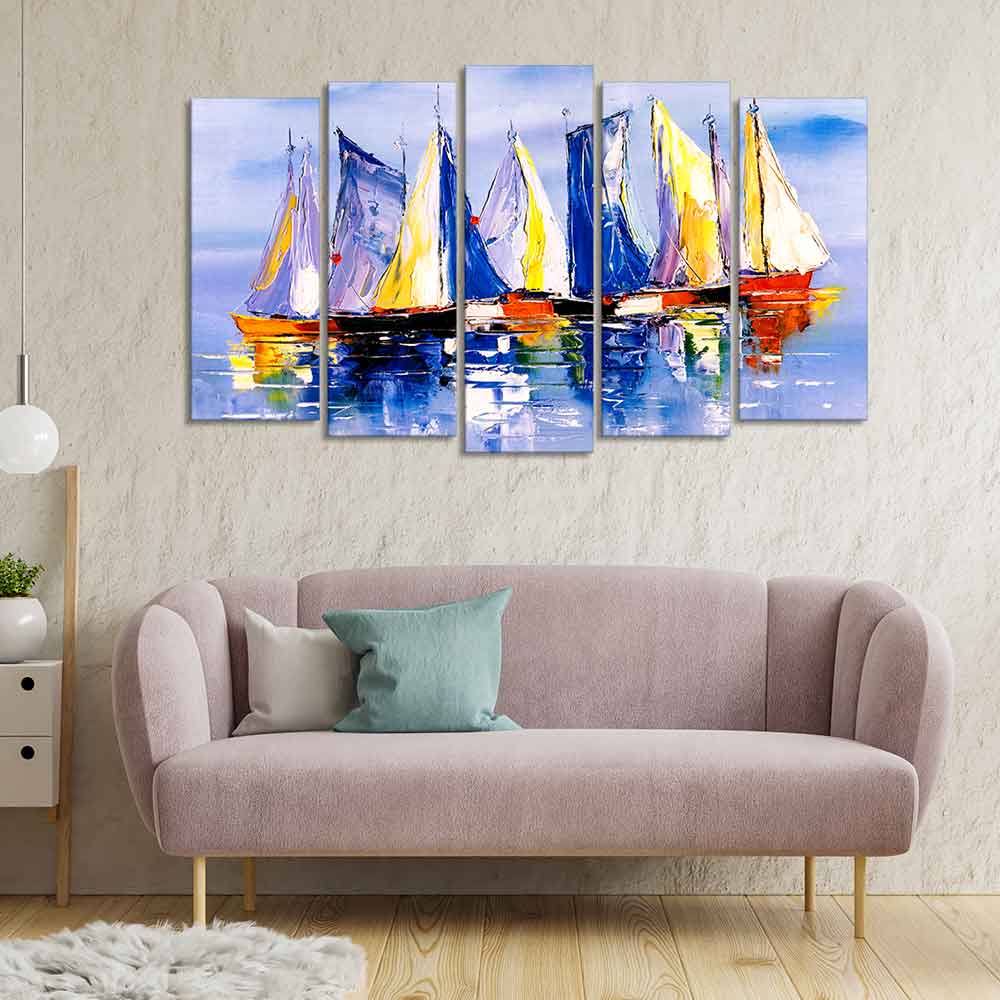 Boats in Ocean Canvas Wall Painting of Five Pieces DECORMANTRA