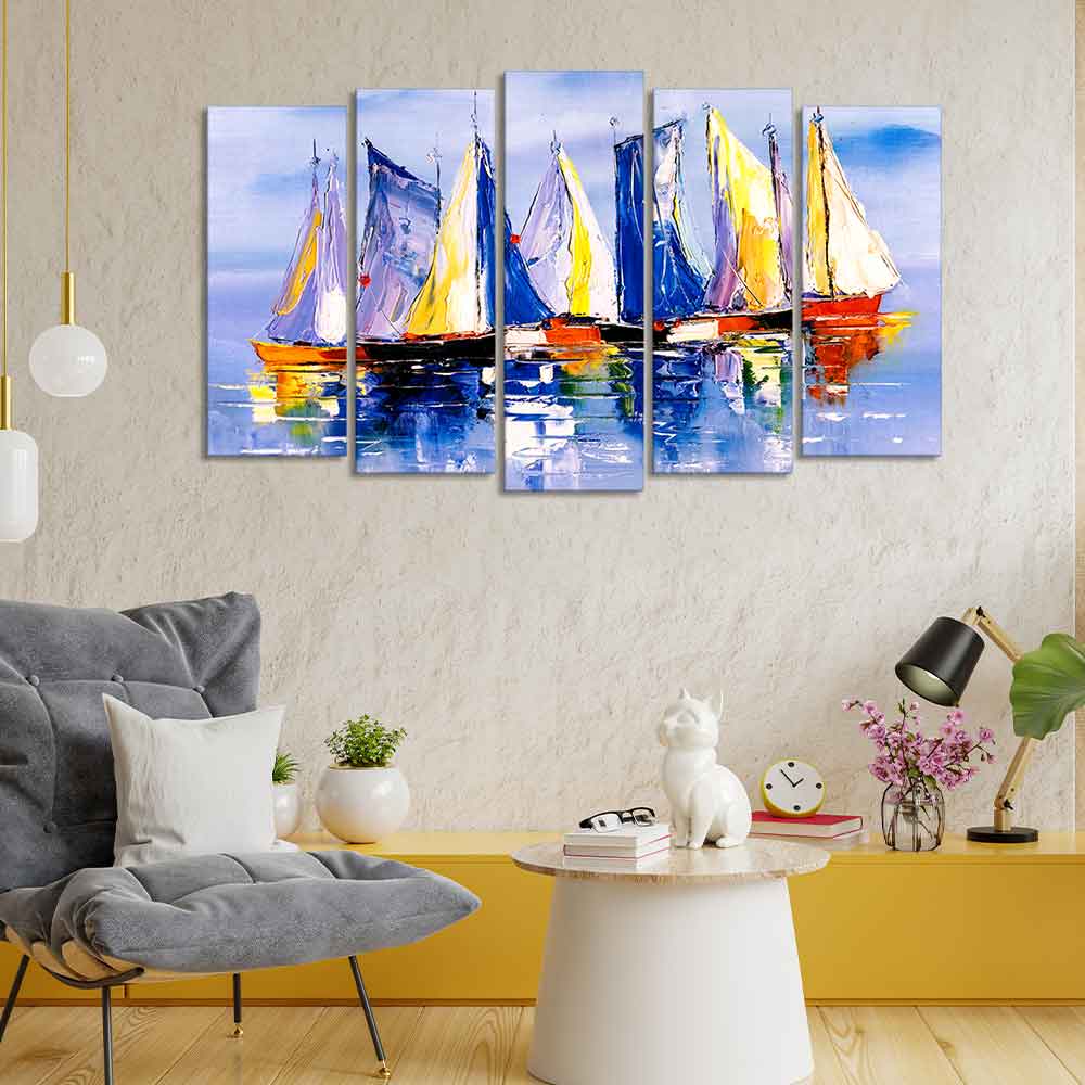 Boats in Ocean Canvas Wall Painting of Five Pieces DECORMANTRA