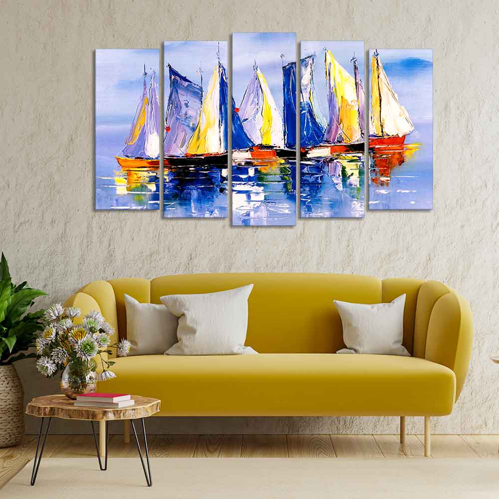 Boats in Ocean Canvas Wall Painting of Five Pieces DECORMANTRA