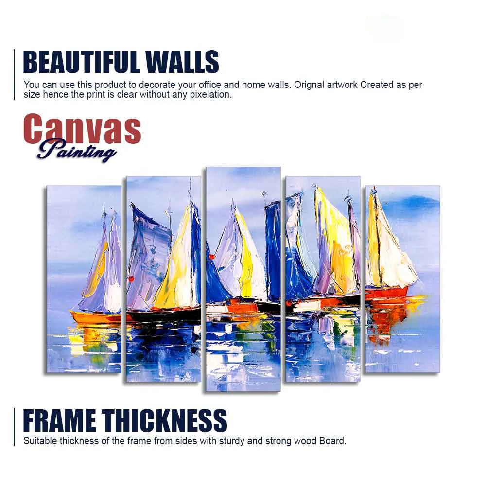 Boats in Ocean Canvas Wall Painting of Five Pieces DECORMANTRA