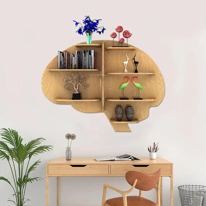 Brain Shape Backlit Designer Wooden Wall Shelf / Book Shelf / Night Light, Light Oak Finish - Decor Mantra 