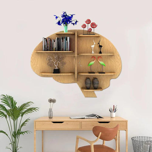 Brain Shape Backlit Designer Wooden Wall Shelf / Book Shelf / Night Light, Light Oak Finish - Decor Mantra